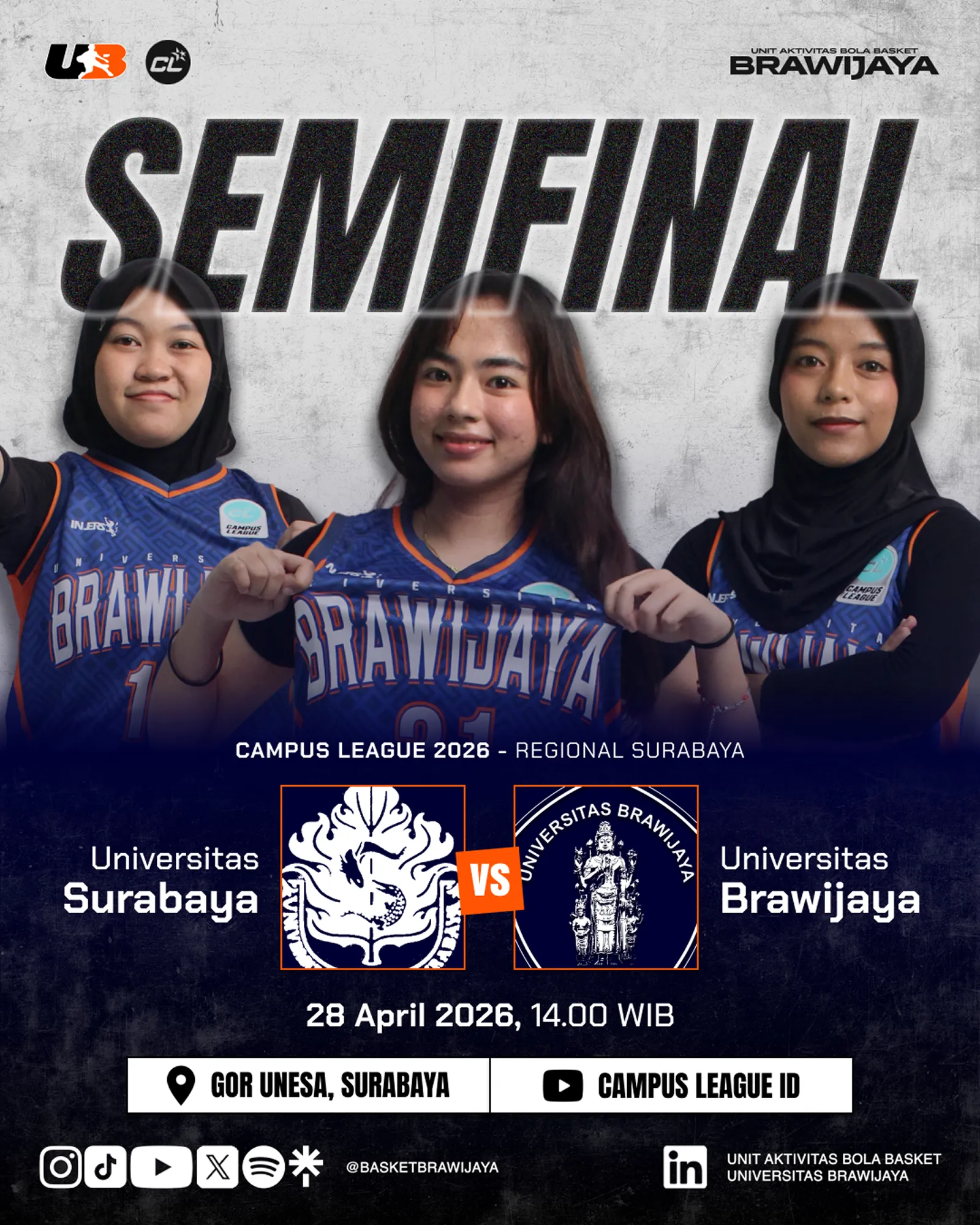Poster semifinal dengan foto pemain Brawijaya Basketball