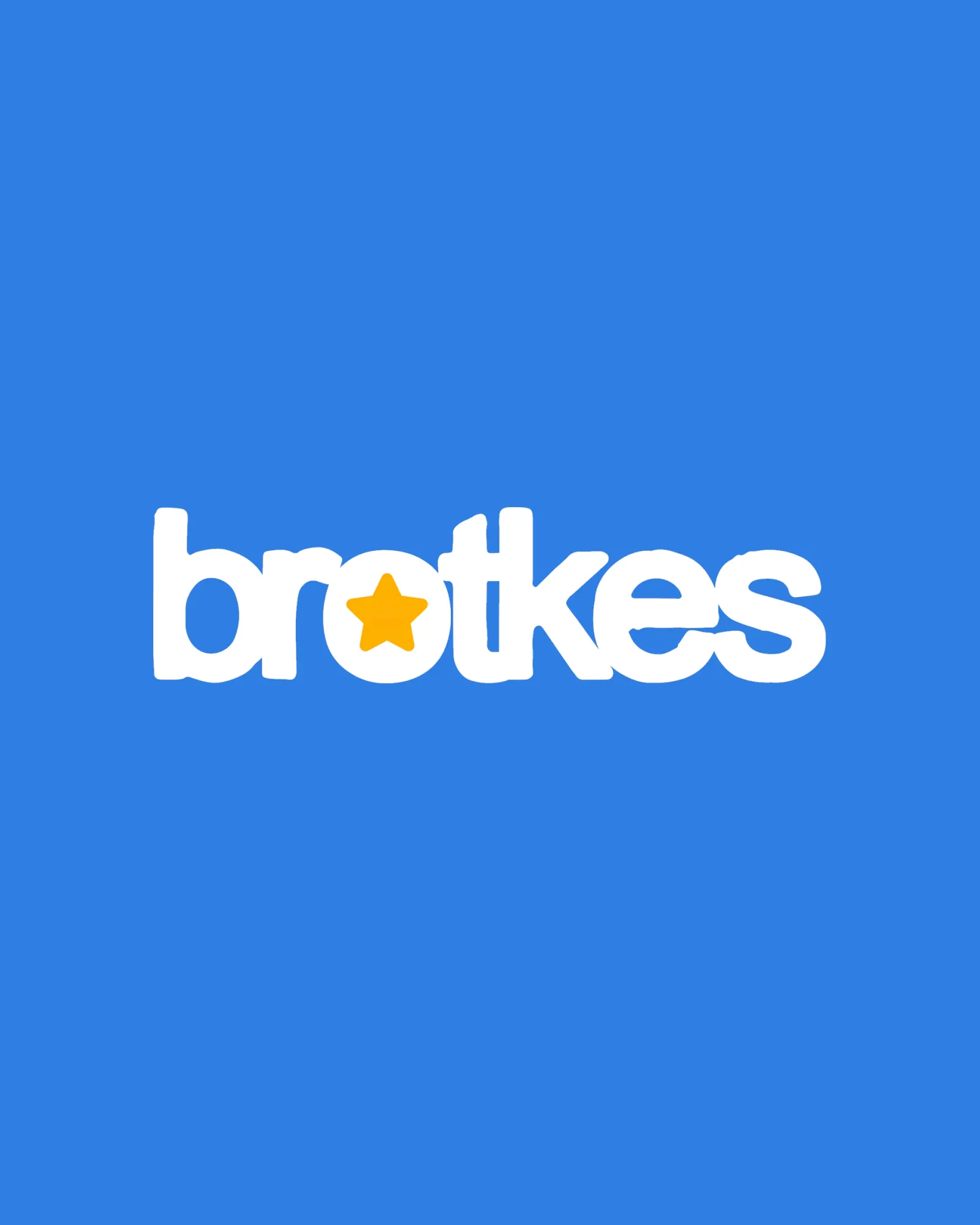 Logo Brotkes warna putih dengan ikon bintang di atas latar biru